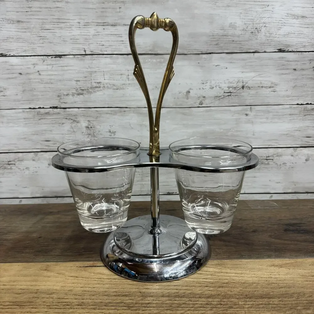 Vintage Kromex Chrome & Brass 3 Piece Condiment Caddy, Handle
